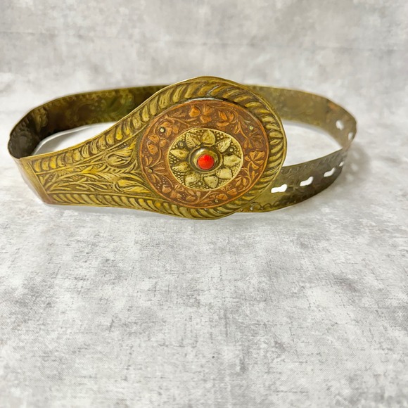Vintage Brass & Copper Etched Metal Belt  Red Cabochon Centerpiece Made in India main image 12